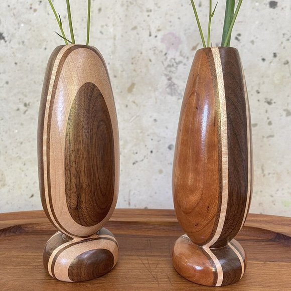 Pair Of Turned Wood Vases Handmade - Picture 2 of 6